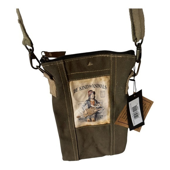 Vintage Foundry Be Kind To Animals Khaki Canvas Crossbody Bag New - Picture 1 of 8